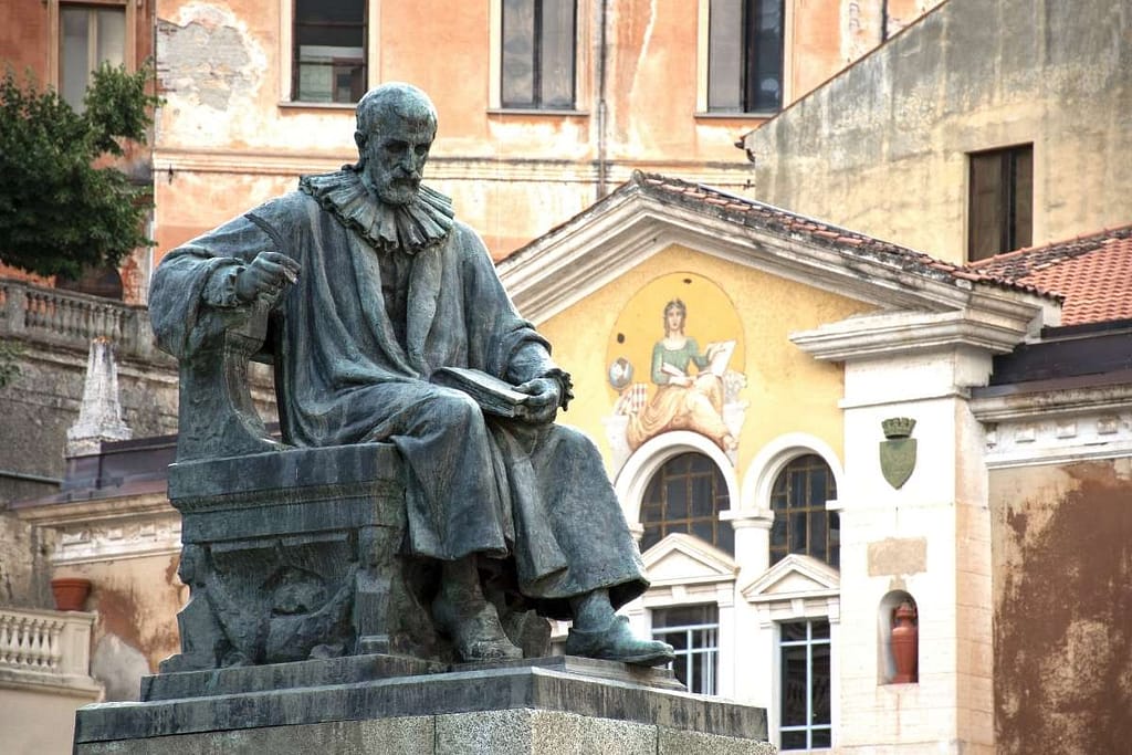 Statue of Bernardino Telesio, the ancient philosopher, located in Piazza XV marzo, Cosenza - Italy 